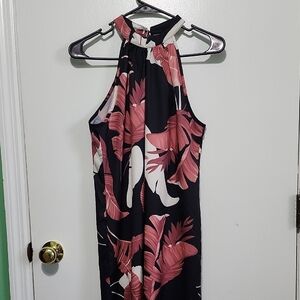 SHEIN Black Pink Floral Halter Midi Dress